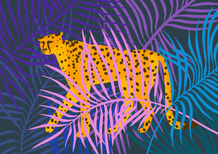 Cheetah with palm leaves in tropical jungles with wild animals. Hand drawn Vector illustrationのイラスト素材