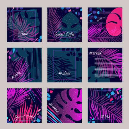Neon summer square banner set with tropical leaves. Templates for posts and Stories. Sale web banner. Doodle vector illustrationのイラスト素材