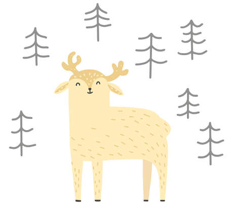 Cute Reindeer in Scandinavian style in forest simple kids doodle vector illustrationのイラスト素材