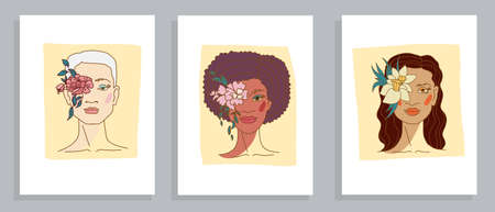 Set of abstract young women faces portraits with flowers in line style
