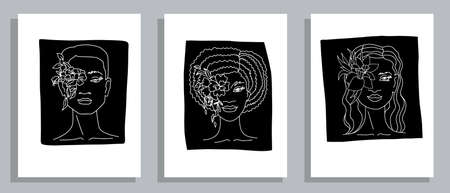 Set of abstract girl portraits with flowers in line styleのイラスト素材
