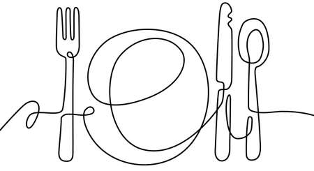 Hand drawn plate, spoon, fork and knife Continuous one line drawingのイラスト素材
