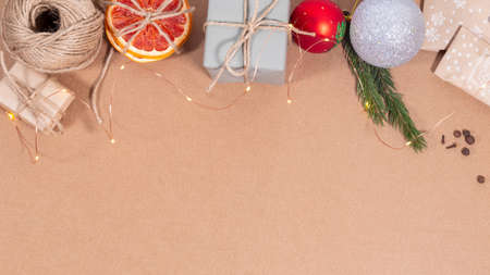 Christmas background with craft paper and gift boxの写真素材