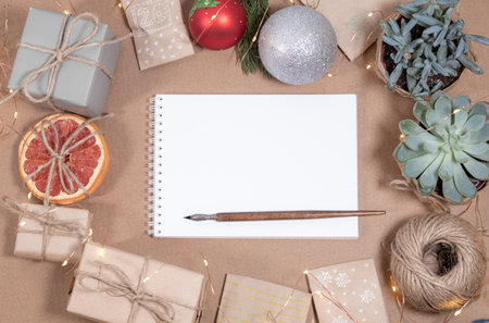 Christmas greeting card template in craft style. Empty paperの写真素材