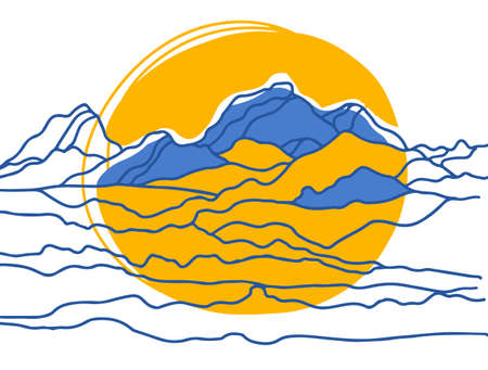 Dawn mountains doodle in vintage styleのイラスト素材