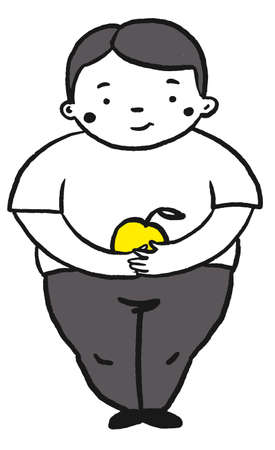 Fat boy thinking with apple in his hands healthy foodのイラスト素材