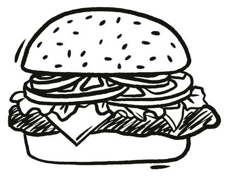 Burger hand drawn outline doodle icon. Grilled Hamburger fast food vector sketchのイラスト素材