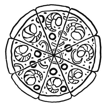 Seafood Italian pizza top view. Hand drawn sketch styleのイラスト素材