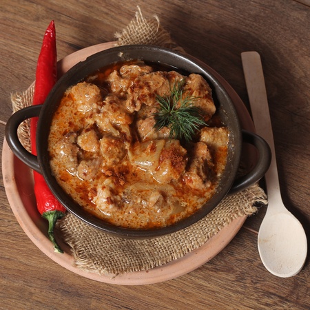 Goulash soup with meat sausage and potatoesの写真素材