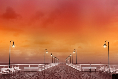 sunset at the pier in Poland の写真素材