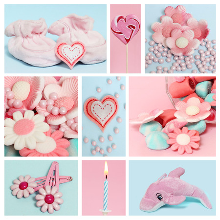 Collage with sweets and decoration for baby の写真素材
