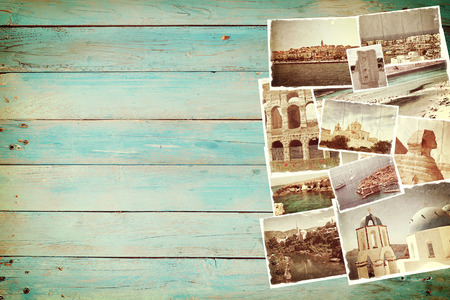 Vintage travel background with old photoの写真素材