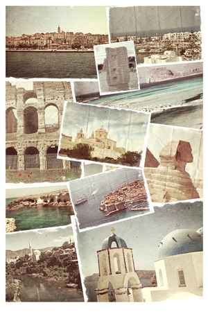 Vintage travel background with old photo.の写真素材