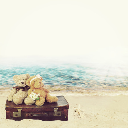 Two in love teddy bears sit on a suitcase. holiday conceptの写真素材