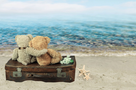 Two in love teddy bears sit on a suitcase. holiday conceptの写真素材