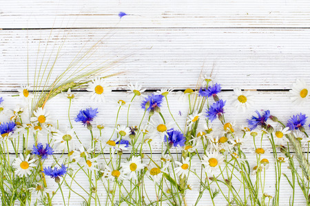 Summer wildflowers and rye on wooden backgroundの写真素材