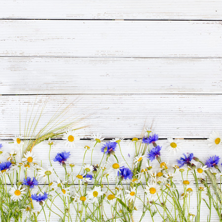 Summer wildflowers and rye on wooden backgroundの写真素材