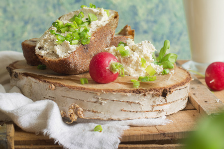 Bread with cream cheese, radish and chivesの写真素材