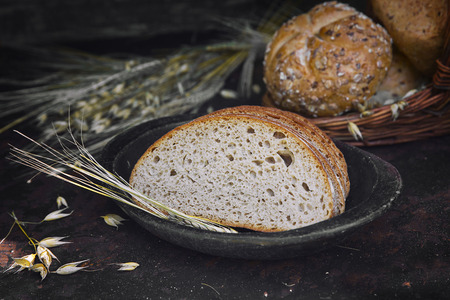 Baked breads in basketの写真素材
