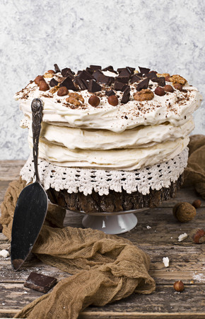Meringue Cake Pavlova with cream and nutsの写真素材