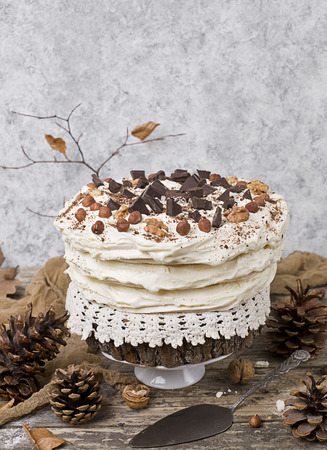 Meringue Cake Pavlova with cream and nutsの写真素材