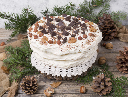 Meringue Cake Pavlova with cream and nutsの写真素材