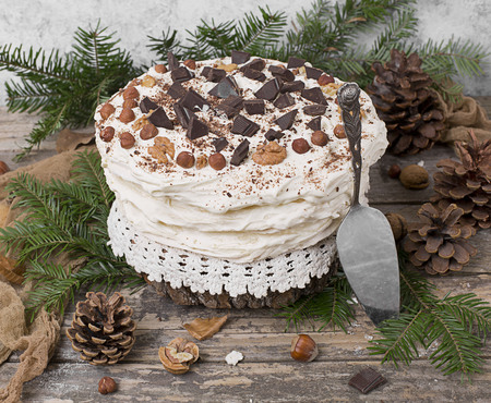 Meringue Cake Pavlova with cream and nutsの写真素材