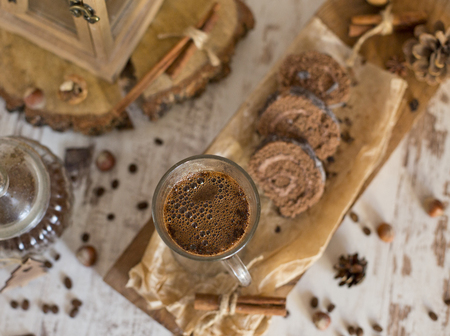 hot coffee on christmas backgroundの写真素材