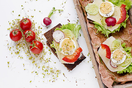 Dietary sandwiches. Dark bread, salads, eggs, cheese and tomatoes