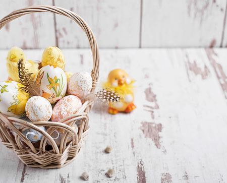 Easter background. Easter eggs and flowersの写真素材