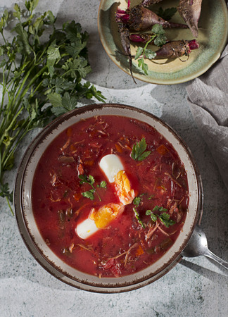Beet Soup Boiled Egg in Bowlの写真素材