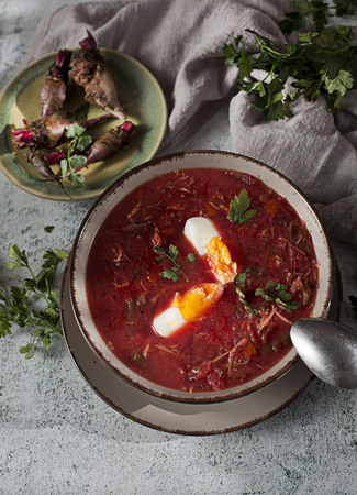 Beet Soup Boiled Egg in Bowlの写真素材