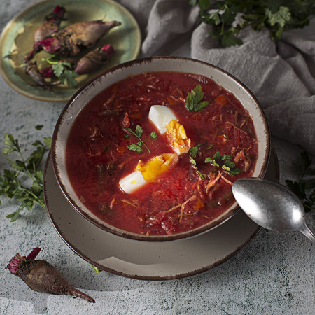 Beet Soup Boiled Egg in Bowlの写真素材