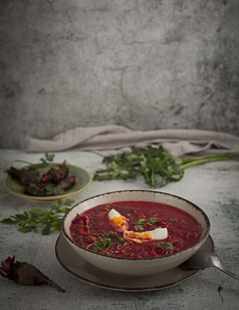 Beet Soup Boiled Egg in Bowlの写真素材