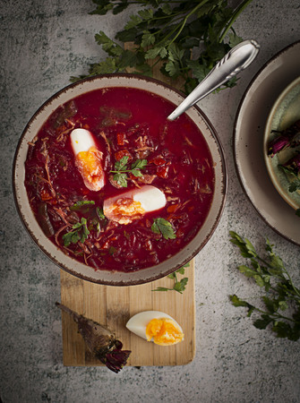 Beet Soup Boiled Egg in Bowlの写真素材