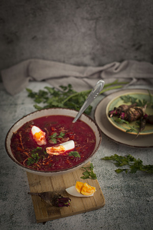 Beet Soup Boiled Egg in Bowlの写真素材