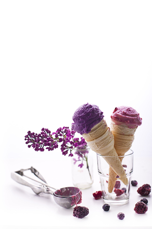 Waffle cones with ice creamの写真素材