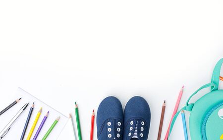Top view of composition of colorful school suppliesの写真素材