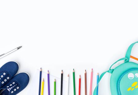Top view of composition of colorful school suppliesの写真素材
