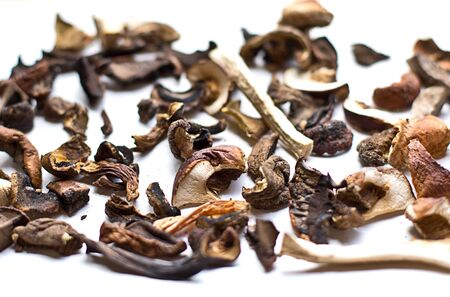 Dried mushrooms on white backgroundの写真素材