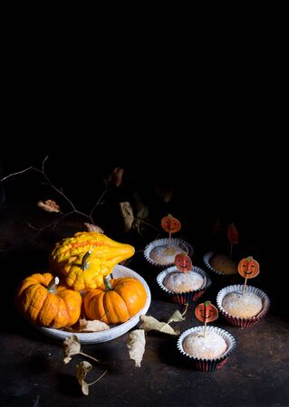 Halloween cupcakes and pumpkinsの写真素材