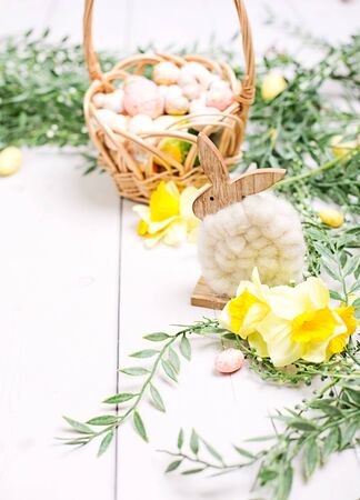Easter background with eggs and flowers. Template for textの写真素材