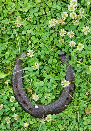 old horseshoe on the grass. A symbol of happinessの写真素材