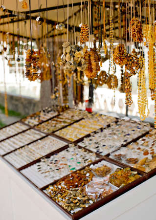 Typical stand with amber jewelry and souvenirs in Sopot city. Polandの写真素材