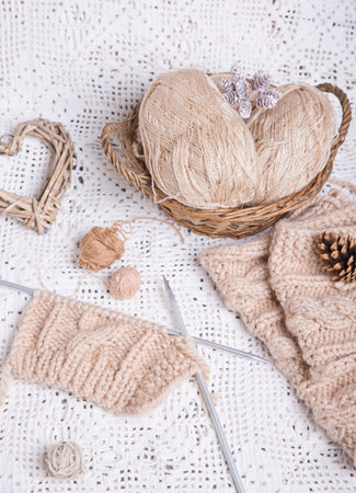 A piece of knitting with ball of yarn and a knitting needles. Knitting project in progress.の写真素材