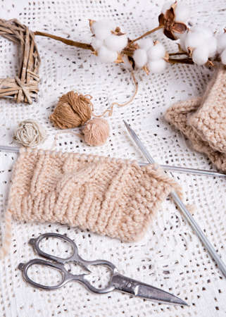 A piece of knitting with ball of yarn and a knitting needles. Knitting project in progress.の写真素材