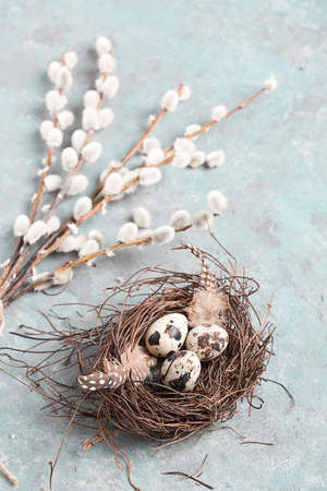 Easter background. Easter eggs and flowersの写真素材