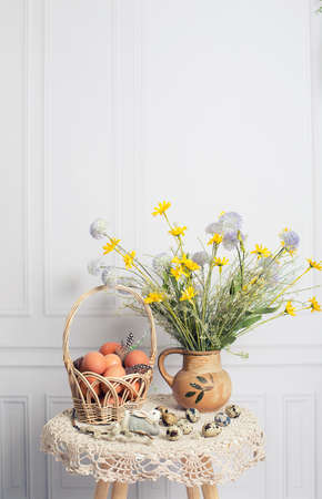 Easter background. Easter eggs and flowersの写真素材