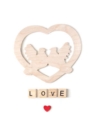 Red hearts and "Love" text on white background.の写真素材