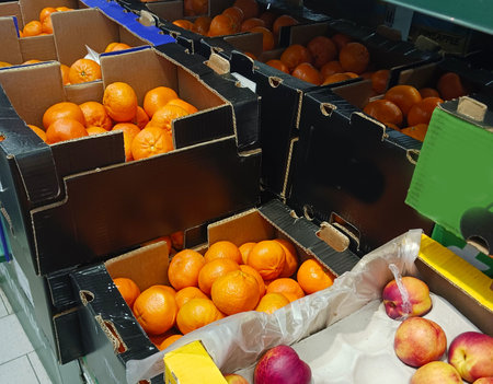 fresh fruits and vegetables in baskets on food marketの写真素材